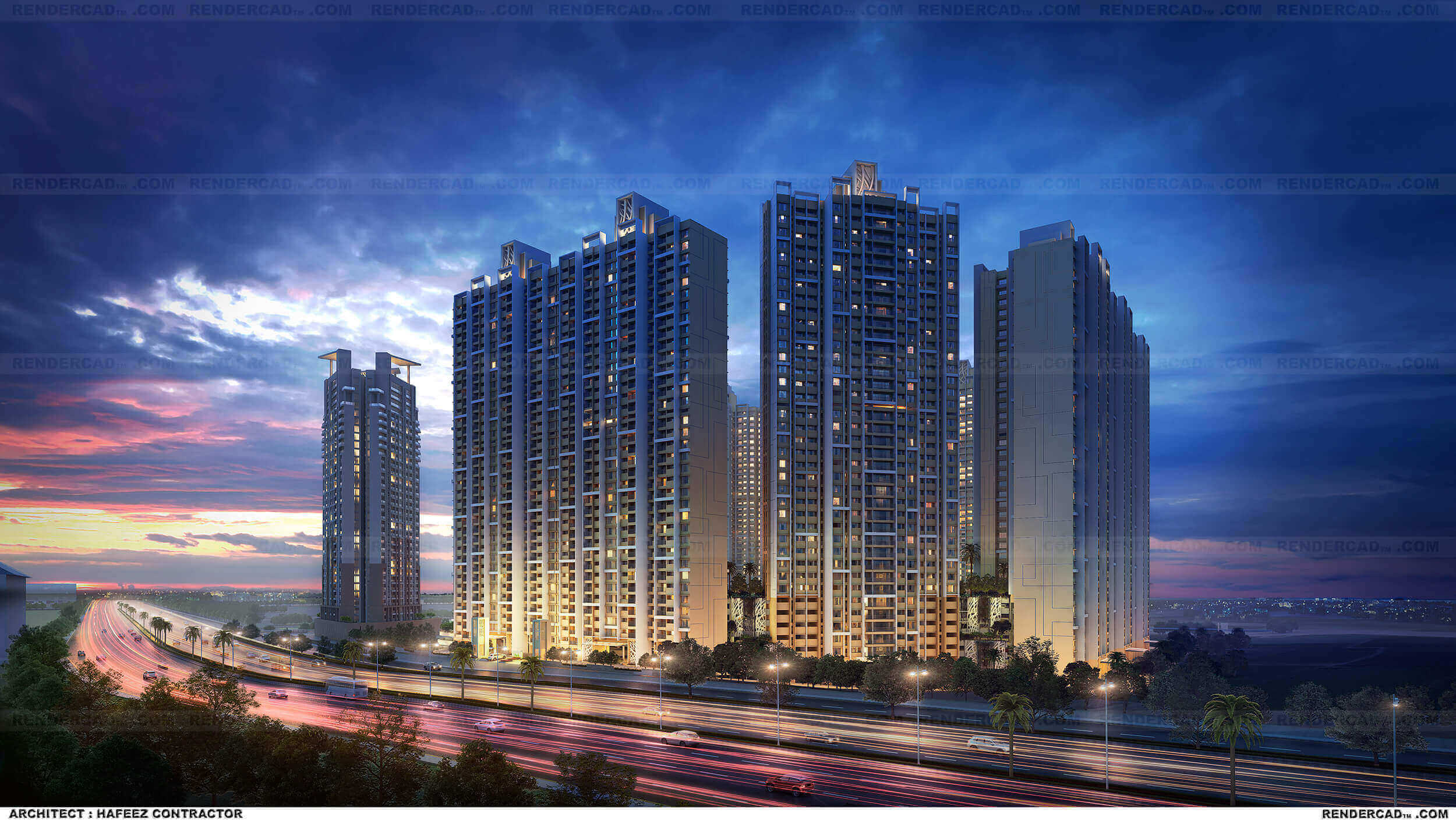 Embassy Park towers — roadside night view