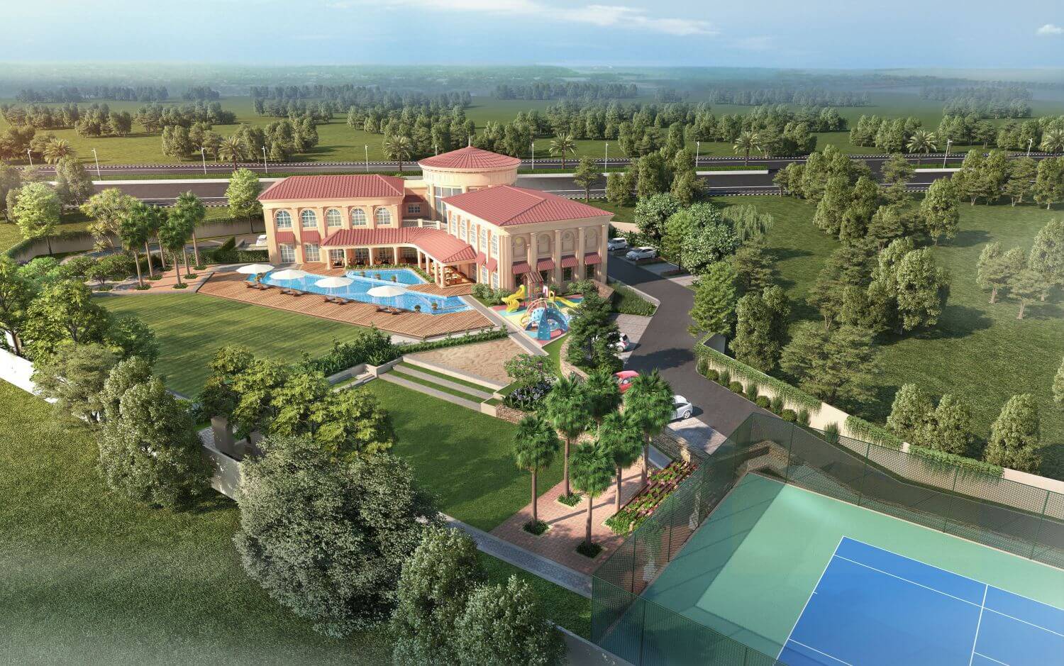 Aerial view of the Golf City clubhouse and greens