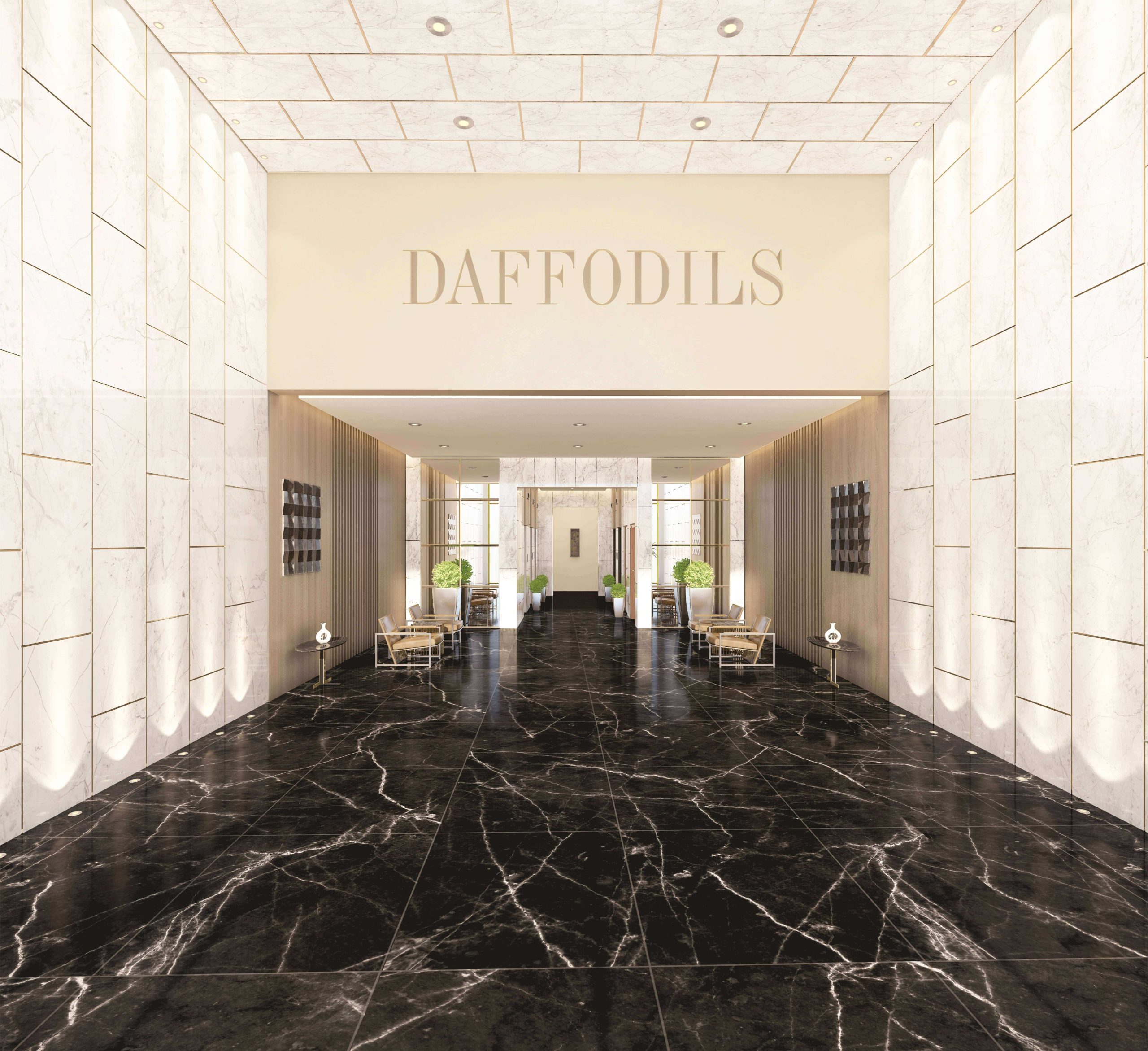 Grand lobby with signature stone and bronze highlights, Daffodils Tower